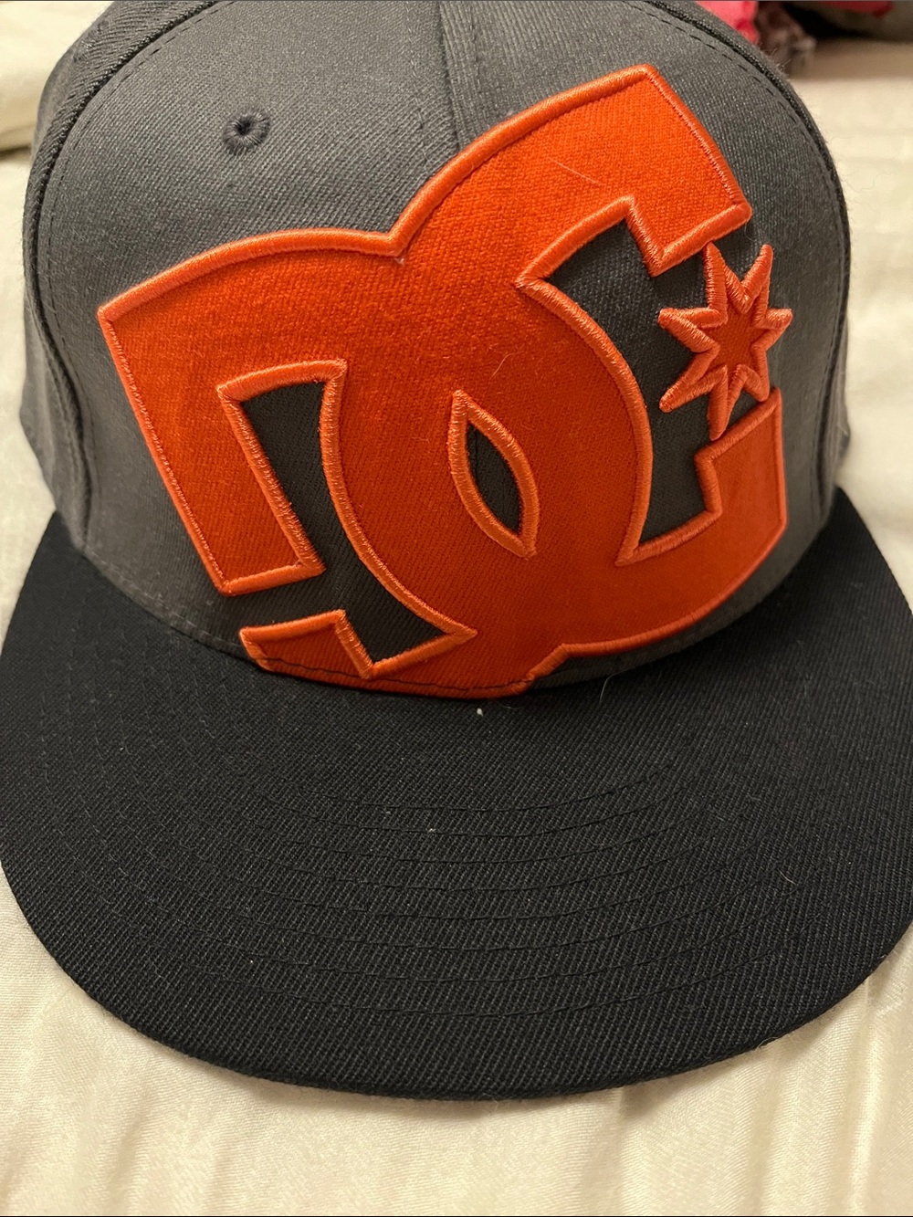 DC Flat Brim Fitted Hat in Gray, Black and Orange